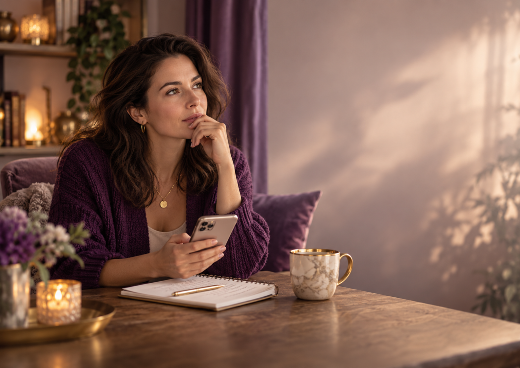 Une femme en pleine réflexion pour savoir si elle ose appeler un service de voyance sérieuse par téléphone, ou pas.